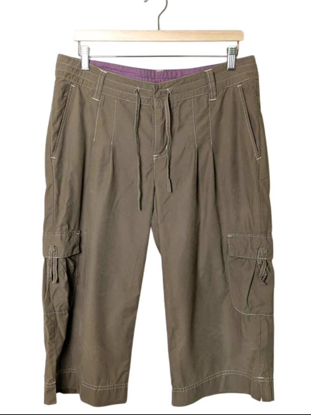 Y2K VTG Athleta Cargo Beige Utility Capri Low Rise Wide Leg Pants Women Size 12